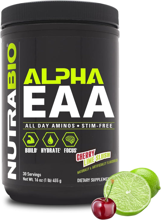 Alpha EAA - All-Day Amino Acids for Muscle Growth and Hydration - Essential Amino Acids with Nootropics & Adaptogens- Full Spectrum EAA BCAA Powder - 30 Servings - Cherry Lime Slush