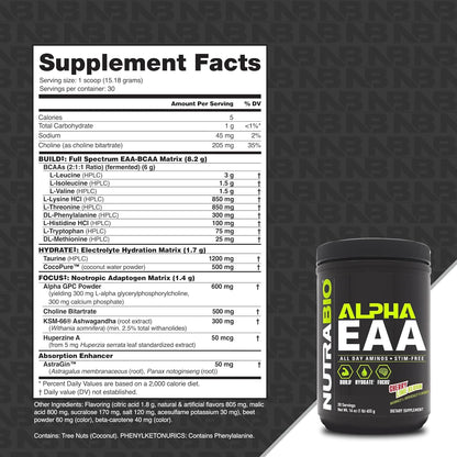 Alpha EAA - All-Day Amino Acids for Muscle Growth and Hydration - Essential Amino Acids with Nootropics & Adaptogens- Full Spectrum EAA BCAA Powder - 30 Servings - Cherry Lime Slush